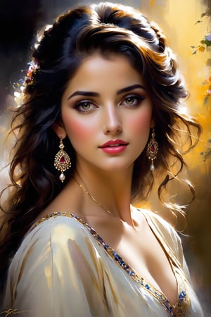 Embracing the exquisite beauty and grace of a woman through the artistry of a painted portrait.A hyper-realistic 32k  digital rendering, 8k,brought to life through the expert brush strokes of Pino Daeni, ultra fine detail in strokes, saturated colors, dramatic lighting, chiaroscuro effect, high contrast, 32k,intrikate,. Look like pashtoon girl. It must looks real and natural 