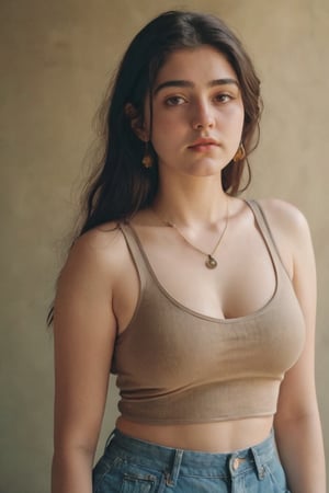 Beautiful woman wearing a tanktop no bra, analog photograph, professional fashion photoshoot, hyperrealistic, masterpiece, trending on artstation,krrrsty, cut, little chubby, long hair like pashtoon girl. It must be natural and real