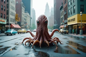 (Masterpiece, ultra detailed, hyper quality), (((wide shot))), 
Wes Anderson's Colors,
Movie screen, rich colors,
film grain,
award-winning photo, detailed, intricate,

1970s, science fiction,

 
wet and disgusting body. 

City street, New York, outdoor during the day, 

fking_scifi_v2, alien in the middle ,transparent maroon skin, body hairy,[cthulhu|monster head],almond shaped black pupil,strong body,[[telescopic claw]],tentacle,80mm, f/1.8, dof, bokeh, depth of field,subsurface scattering,thick fog, 
,x made of bath foam,tranzp,glass shiny style,



horror movies,

(((Long distance full body shot))),
, cinematic lighting, bright colors, in frame,  
,photo r3al, cinematic moviemaker style,
,disgusting body horror, monsters00d,