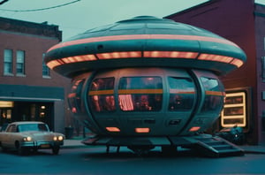 (Masterpiece, ultra detailed, hyper quality), (((wide shot))), 
Wes Anderson's Colors,
Movie screen, rich colors,
film grain,
award-winning photo, sharp focus, detailed, intricate,





Future city, cyberpunk,

Retro future, science fiction, city street scene, UFO-shaped house, the house is shaped like a UFO,



, cinematic lighting, bright colors, in frame,  
,photo r3al, cinematic moviemaker style,cyborg style,cyborg,cyberpunk style