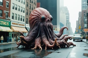 (Masterpiece, ultra detailed, hyper quality), (((wide shot))), 
Wes Anderson's Colors,
Movie screen, rich colors,
film grain,
award-winning photo, detailed, intricate,

1970s, science fiction,

 
wet and disgusting body. 

City street, New York, outdoor during the day, 

fking_scifi_v2, alien in the middle ,transparent maroon skin, body hairy,[cthulhu|monster head],almond shaped black pupil,strong body,[[telescopic claw]],tentacle,80mm, f/1.8, dof, bokeh, depth of field,subsurface scattering,thick fog, 
,x made of bath foam,tranzp,glass shiny style,



horror movies,

(((Long distance full body shot))),
, cinematic lighting, bright colors, in frame,  
,photo r3al, cinematic moviemaker style,
,disgusting body horror, monsters00d,