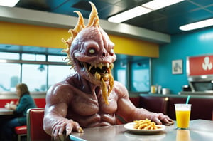 (Masterpiece, ultra detailed, hyper quality), (((wide shot))), 
Wes Anderson's Colors,
Movie screen, rich colors,
film grain,
award-winning photo, detailed, intricate,
1970s, science fiction,


Indoors, in a McDonald's restaurant, (burgers and fries on the table:1.1), the alien is sitting on a chair, there is a table in front of the alien,
Half-length photo,
(In front of the dining table: 1.1),



fking_scifi_v2, alien sitting on a chair in McDonald's restaurant ,transparent maroon skin, body hairy,[cthulhu|monster head],almond shaped black pupil,strong body,[[telescopic claw]],tentacle,80mm, f/1.8, dof, bokeh, depth of field,subsurface scattering,thick fog, 
,x made of bath foam,tranzp,glass shiny style,



horror movies,
, cinematic lighting, bright colors, in frame,  
,photo r3al, cinematic moviemaker style,
,disgusting body horror, monsters00d,