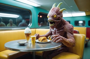 (Masterpiece, ultra detailed, hyper quality), (((wide shot))), 
Wes Anderson's Colors,
Movie screen, rich colors,
film grain,
award-winning photo, detailed, intricate,
1970s, science fiction,


Indoors, in a McDonald's restaurant, (burgers and fries on the table:1.1), the alien is sitting on a chair, there is a table in front of the alien,
Half-length photo,
(In front of the dining table: 1.1),



fking_scifi_v2, alien sitting on a chair in McDonald's restaurant ,transparent maroon skin, body hairy,[cthulhu|monster head],almond shaped black pupil,strong body,[[telescopic claw]],tentacle,80mm, f/1.8, dof, bokeh, depth of field,subsurface scattering,thick fog, 
,x made of bath foam,tranzp,glass shiny style,



horror movies,
, cinematic lighting, bright colors, in frame,  
,photo r3al, cinematic moviemaker style,
,disgusting body horror, monsters00d,