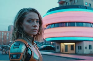 (Masterpiece, ultra detailed, hyper quality), (((wide shot))), 
Wes Anderson's Colors,
Movie screen, rich colors,
film grain,
award-winning photo, sharp focus, detailed, intricate,






Future city, cyberpunk,

Retro future, science fiction, city background, UFO shaped house, the appearance of the house is like a UFO,
Girl half-length photo,
A beautiful girl stands in the middle of the picture,
girl looks into the camera,



, cinematic lighting, bright colors, in frame,  
,photo r3al, cinematic moviemaker style,cyborg style,cyborg,cyberpunk style