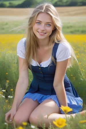1 girl, RAW photo, (full body) beautiful 19 year old girl, (beautiful finely detailed blue eyes and beautiful detailed face), (wearing a tight uniform), (panty), sitting in a wildflower meadow, beautiful natural light , (knees together, feet apart), (knees up), (under skirt), (innocent smile), (long messy hair moving with the wind), detailed skin texture, (high quality), (ultra detail ), (high resolution), (masterpiece), photorealistic, hyperrealistic, high definition, extremely detailed, 8K, Knees together, feet apart, more detail XL