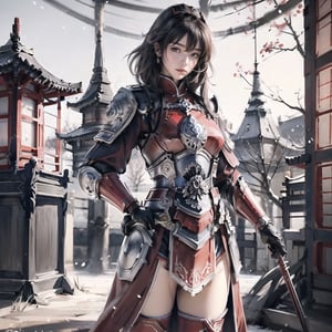 Natural Light, (Best Quality, highly detailed, Masterpiece), ((wide shot)), 
(beautiful and detailed eyes), (realistic detailed skin texture), (detailed hair), (full-length shot), 1girl, light cyan short hair, blue eyes, serious, red cloak, boots, (((gorgeous designed red Japanese armour‎))), ((dark red thighhighs)), standing, (castle background), ink background, (((perfect anatomy))), (clean outline), (sketch style line art), ,ink splash, 
