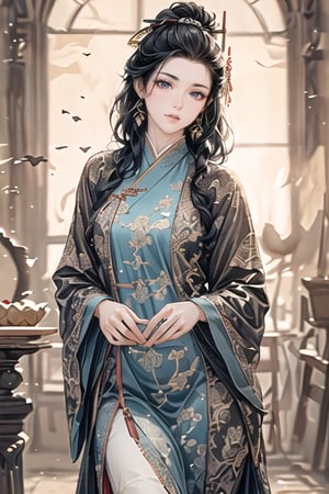 Natural Light, (Best Quality, Masterpiece), (((perfect anatomy))), (beautiful and detailed eyes), (realistic detailed skin texture), (detailed hair), (Fantasy aesthetic style), (realistic light and shadow), (real and delicate background), ((side view)), ((cowboy shot:1.5)), 1girl, A lady with long black hair, Tang Dynasty Clothing, (looking at viewer), 