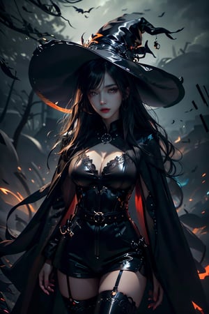 (RAW Photo, Best Quality, highly detailed, Masterpiece:1.2), ultra-high resolution, intricate detail, 16k images, depth of field, wide shot, perfect anatomy, light particles, 1girl, black hair, long Hair, slight wave, (detail eyes), (gorgeous witch hat), (black long coat), latex shorts, latex crop top, Red belt, cleavage, (big breast), black boots, (( intricately designed Dark thighhighs)), atmosphere mysterious, Facial expression Concentrated, with a slender figure and long legs, in a brightly lit environment, looking at viewer, nice hands, perfect hands, 
,Witch