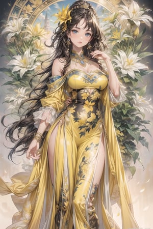 (Cinematic lighting, bloom), (outdoor), (Best Quality, Masterpiece, high resolution), (beautiful and detailed eyes), (realistic detailed skin texture), (detailed hair), (realistic light and detailed shadow), (real and delicate background), (yellow tone), (half body), 1girl, A lady with long black hair, hair flower, earrings, chinese style Clothing, ancient cheongsam, Collarbone, Disgusted Scowl, parted lips, Transparent watercolor, ((yellow lily)), mucha art style,ancient_beautiful