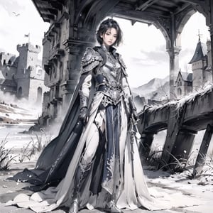 Natural Light, (Best Quality, highly detailed, Masterpiece), ((wide shot)), 
(beautiful and detailed eyes), (realistic detailed skin texture), (detailed hair), (full-length shot), 1girl, blue short hair, blue eyes, serious, white cloak, boots, silver full-armor, (holding long sword), standing, (castle background), ink background, ((perfect anatomy, (clean outline), (sketch style line art), ,ink splash,
