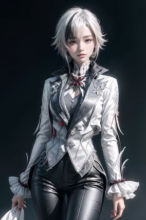 Natural Light, (Best Quality, highly detailed, Masterpiece), ((wide-angle lens)), (Fantasy aesthetic style), (realistic light and shadow), (real and delicate background), (beautiful and detailed eyes), (realistic detailed skin texture), (detailed hair), Using highly saturated colors of white, silver, black, Red, ((arlecchino \(genshin impact\))), 1girl, ((white hair)), ((bicolored hair)), short hair, black eyes, (x-shaped pupils), black gloves, long sleeves, grey shirt, white jacket, black pants, (slim figure and slender legs), ((walking stance)), (ink background), (((perfect anatomy, (clean outline), (sketch style line art),