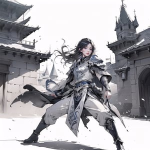 (Cinematic lighting, bloom), (Best Quality, Masterpiece, high resolution), (beautiful and detailed eyes), (realistic detailed skin texture), (detailed hair), (realistic light and detailed shadow), 1girl, blue short hair, blue eyes, serious, white cloak, boots, silver full-armor, standing, ((fighting stance)), (castle background), (((perfect anatomy, (clean outline), (sketch style line art), ,ink splash,gongbiv,gongbi painting