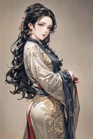 Natural Light, (Best Quality, Masterpiece), (((perfect anatomy))), (beautiful and detailed eyes), (realistic detailed skin texture), (detailed hair), (Fantasy aesthetic style), (realistic light and shadow), (real and delicate background), ((front view:1.5)), ((cowboy shot:1.5)), 1girl, A lady with long black hair, Tang Dynasty Clothing, (looking at viewer), 