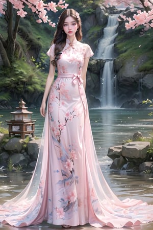 (Best Quality, Masterpiece, high resolution), (((perfect anatomy))), (beautiful and detailed eyes), (realistic detailed skin texture), (detailed hair), (real and delicate background), (wind:1.4), 1girl, solo, full body, (smile), ((blowout_long_hairstyle)), hair flower, young beauty, in the sakura flowers, sakura pink dress, dress floral print,