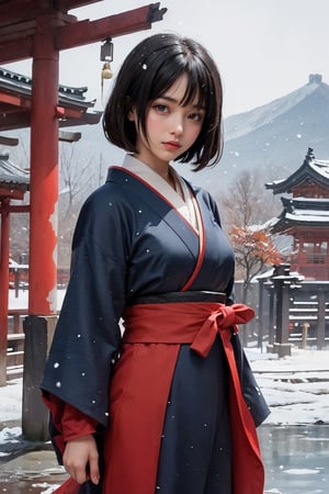 (1Japanese Kunoichi:1.2) (autumn, snowing), (water color style) ,(revealing warrior costume:1.2), 1girl, solo, looking at viewer, ((grin)), kimono, dim light, muted color,Impressionism, (ultra detailed background of a ancient Japanese buildings), harmonious composition, epic art work, 
