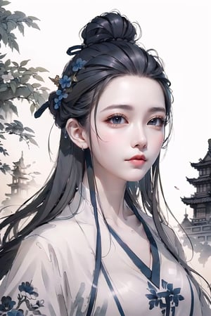 (Cinematic lighting, bloom), (Best Quality, Masterpiece, high resolution), (beautiful and detailed eyes), (realistic detailed skin texture), (detailed hair), (realistic light and detailed shadow), outdoor, 1girl, solo, black short hair, blue eyes, serious, white cloak, ((silver armor)), (((portrait:1.5))), , (ancient castle), (((perfect anatomy, (clean outline), (sketch style line art), ink splash, chinkstyle,  ink painting, gongbiv, gongbi painting