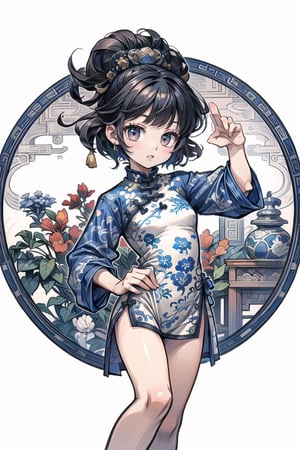  (Best Quality, Masterpiece), (((perfect anatomy))), (beautiful and detailed eyes), (realistic detailed skin texture), (detailed hair),  (((dancing stance))), 1girl, A lady with long black hair, ((Chinese outfit with blue and white pattern)), (grin smile), parted lips, ((chibi)), Transparent watercolor,