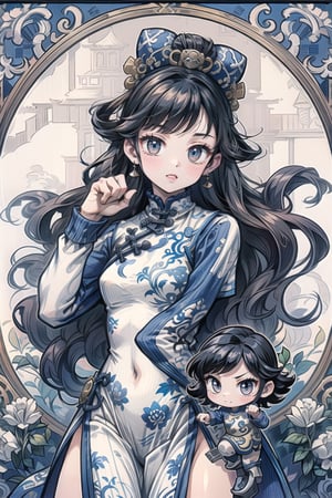(Best Quality, Masterpiece), (((perfect anatomy))), (beautiful and detailed eyes), (realistic detailed skin texture), (detailed hair),  (((fighting stance))), 1girl, A lady with long black hair, ((Chinese outfit with blue and white pattern)), (grin smile), parted lips, ((chibi)), Transparent watercolor,