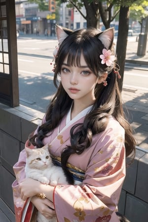 Natural Light, (Best Quality, highly detailed, Masterpiece:1.2), 16k, depth of field, ((wide shot)), (beautiful and detailed eyes), (realistic detailed skin texture), (detailed hair), (Fantasy aesthetic style), (realistic light and shadow), (real and delicate background), anime cat with headdress holding a cat in her arms on the street, 1girl, animal ears, cat, long hair, animal ear fluff, animal, solo, hair ornament, japanese clothes, looking at viewer, cat ears, hair flower, flower, long sleeves, blush, kimono, bangs, red kimono, floral print, parted lips, holding, brown eyes, upper body, 