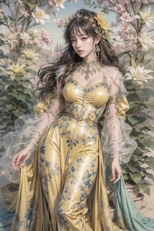 (Cinematic lighting, bloom), (outdoor), (Best Quality, Masterpiece, high resolution), (beautiful and detailed eyes), (realistic detailed skin texture), (detailed hair), (realistic light and detailed shadow), (real and delicate background), (half body), 1girl, A lady with long black hair, hair flower, earrings, chinese style Clothing, ancient cheongsam, Collarbone, Disgusted Scowl, parted lips, Transparent watercolor, ((yellow lily)), mucha art style,ancient_beautiful