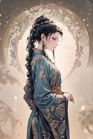 Natural Light, (Best Quality, Masterpiece), (((perfect anatomy))), (beautiful and detailed eyes), (realistic detailed skin texture), (detailed hair), (Fantasy aesthetic style), (realistic light and shadow), (real and delicate background), ((side view:1.5)), ((cowboy shot)), 1girl, A lady with long black hair, Tang Dynasty Clothing, (looking at viewer), 
