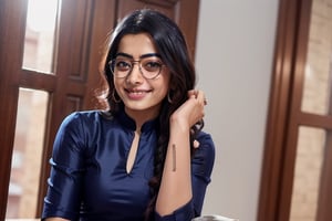 DSLR, High Quality, realistic, 30yo, 1girl(rashmika), wearing punjabi salwar suit, posing, shy, femenine, girly_hair, smiling, big glasses,Sexy Pose