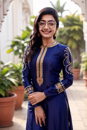 DSLR, High Quality, realistic, 30yo, 1girl(rashmika), wearing punjabi salwar suit, posing, shy, femenine, girly_hair, smiling, big glasses,Sexy Pose