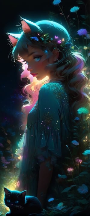 Ultra detailed illustration of an angel lost in a magical world full of wonders, unique luminous flora never seen before, highly detailed, pastel colors, digital art, art by Mschiffer, night, dark, bioluminescence, girl with cat ears on the head, fur cat tail
