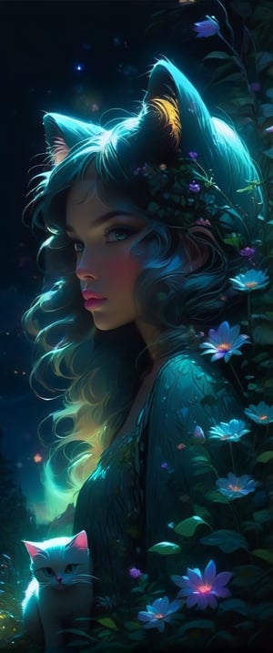 Ultra detailed illustration of an angel lost in a magical world full of wonders, unique luminous flora never seen before, highly detailed, pastel colors, digital art, art by Mschiffer, night, dark, bioluminescence, girl with cat ears on the head, fur cat tail