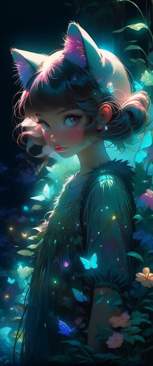 Ultra detailed illustration of an angel lost in a magical world full of wonders, unique luminous flora never seen before, highly detailed, pastel colors, digital art, art by Mschiffer, night, dark, bioluminescence, girl with cat ears on the head, fur cat tail