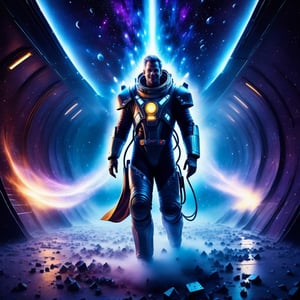 a silver-skinned man works magic over a cauldron of microspheres of electric plasma nuclei inside, looks into the distance with a frightening smile, is in the high-tech apartments of a large spaceship, a broken spacesuit lies on the floor, everywhere cosmic dust flies in the air, fog spreads across the floor, night, neon light from  corners of steel walls consisting of cloudy silver glass blocks, flying in deep space at supersonic speed through space tunnels and galaxies, 