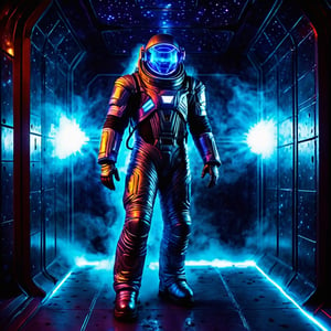 a silver skinned man, do magic above cauldron of microspheres of electrical plasma cores inside, wither stay above and scare smile, in high tech apartments of big space ship, space suit, space dust, fog on the floor, night, neon light from corners at steel wall from glass blocks, on deep space, fly on supersonic speed through the space tonnels 