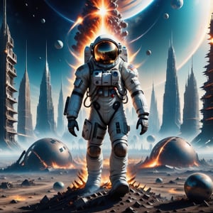 the astronaut stands in the middle of a deserted field surrounded by cities of the hi-tech bio future, an world of high technology, huge biopunk monsters are running far from the astronaut, burning spheres on fire are lie on ground, night, deep space debris, the ruins of the hi-tech apocalypse, monster, biopunk style, cinematic