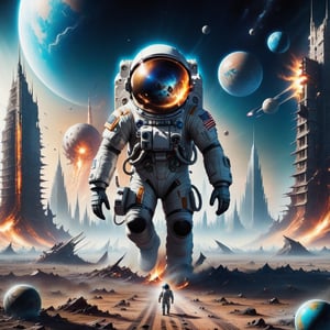 the astronaut stands in the middle of a deserted field surrounded by cities of the future, an otherworldly world of high technology, huge monsters are running far from the astronaut, burning spheres are flying, night, planets, space debris, the ruins of the apocalypse.,monster,biopunk style