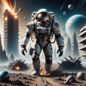 the astronaut stands in the middle of a deserted field surrounded by cities of the hi-tech bio future, an world of high technology, huge biopunk monsters are running far from the astronaut, burning spheres are lie on ground, night, deep space debris, the ruins of the hi-tech apocalypse, monster, biopunk style, cinematic