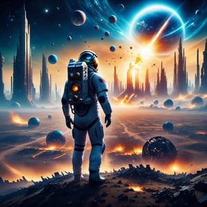 the astronaut stands in the middle of a deserted field surrounded by cities of the future, an otherworldly world of high technology, huge monsters are running far from the astronaut, burning spheres are flying, night, planets, space debris, the ruins of the apocalypse.
