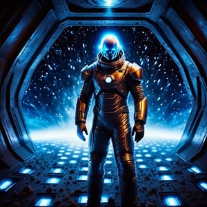 a silver-skinned man works magic over a cauldron of microspheres of electric plasma nuclei inside, looks into the distance with a frightening smile, is in the high-tech apartments of a large spaceship, a broken spacesuit lies on the floor, everywhere cosmic dust flies in the air, fog spreads across the floor, night, neon light from  corners of steel walls consisting of cloudy silver glass blocks, flying in deep space at supersonic speed through space tunnels and galaxies