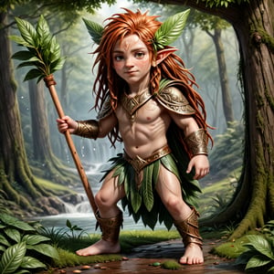 (((masterpiece, ultra detailed, 16k texture, fotorealistic.)))an fantasy imamage of one very young redhead halfling with pointed ears ,Druid , with leaves and tames that envelop him like an leaves armour, in ultra detailed in 16k, in a carefree and cheerful pose,( holding a long wooden stick shaped like a slingshot) , a pan flute tied around his neck, full body, High detailed 16k, very  very long red thick dreadlocks hair. hyper realistic photo 