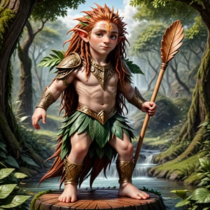 (((masterpiece, ultra detailed, 16k texture, fotorealistic.)))an fantasy imamage of one very young redhead halfling with pointed ears ,Druid , with leaves and tames that envelop him like an leaves armour, in ultra detailed in 16k, in a carefree and cheerful pose, holding a long wooden stick shaped like a slingshot , a pan flute tied around his neck, full body, High detailed 16k very long red thick dreadlocks hair, riding a monitor lizard