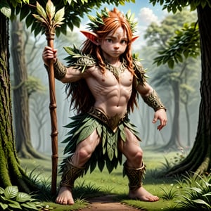 (((masterpiece, ultra detailed, 16k texture, fotorealistic.)))an fantasy imamage of one very young redhead halfling with pointed ears ,Druid , with leaves and tames that envelop him like an leaves and wooden armour, in ultra detailed in 16k, in a carefree and cheerful pose,(holding a long wooden stick shaped like a slingshot), a pan flute is tied to his neck with a string of creepers, full body, High detailed 16k, very very long red thick dreadlocks hair, hyper realistic photo.