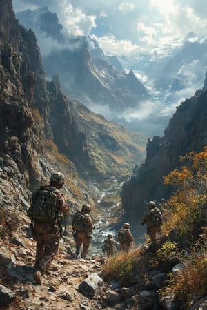 Epic scene, A group of US NAVY SEAL, AOR1 camouflage uniform, full gear, M4 Carbine, M27 Rifle, valley, cinematic mood and colors, matte, oil painting, digital_painting, oilpaint1