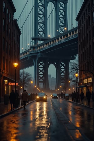 A moody, urban scene set in a rainy city at dusk, featuring a large bridge in the background with intricate steel structures. The street is lined with vintage-style buildings, their windows glowing warmly from inside. The streetlights cast a soft yellow glow, illuminating the wet pavement and creating reflections in the water of a nearby canal. The atmosphere is nostalgic and cinematic, with a sense of quiet movement as cars and people go about their evening routines. The overall setting has a film noir aesthetic, evoking a sense of mystery and romance, FluxBoost