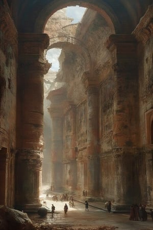 roman empire, fallen columns, detailed classical architecture, cinematic mood&tone, matte, oil painting. 