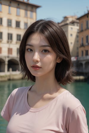 Wide camera angle, half body, straight face raised, (realistic:1.4), best quality, amazing details, realistic, A beautiful girl, exquisite facial features, real photo, realistic, facial, facial details, wear low cut, pink short sleeve oversized t-shirt, Ponte Vecchio in the background