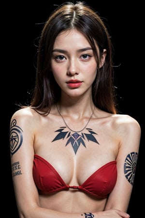 Masterpiece, best quality, a woman with a tattoos on her arm and a black background, tattoo sleeve on her right arm, photograph of a sleeve tattoo, Aztec, tribal tattoos sleeve left arm, tribal tattoos right arm sleeve, (tattoo all over both arm), detailed woman, tattooed skin, arm tattoos, extremely detailed woman, (detailed body and face:1.15).