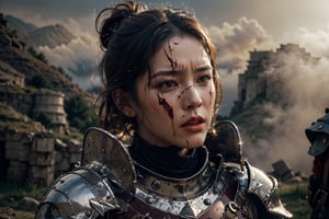 (photorealistic1.4), Realistic, half body, Center of the photo, 4m4nd4s-v2 Real photos of beautiesful, 1 woman, beautiful sedutive face, dirty facial, feel angry, short bun hair, medieval armor, The cliff is foggy has a battlefield in the background.