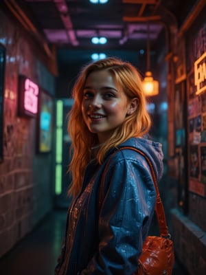 A beautiful girl with blonde hair, wearing a blue jacket and carrying an orange shoulder bag, standing in a vibrant underground pub with gray tiled walls at night, smiling happily. The atmosphere is fun and inviting, featuring colors like black, blue, dark blue, dark purple, gray, light green, purple, and orange. Neon lights in pink, blue, and green illuminate the space, creating a bokeh and Depth of Fieldeffect. The focus is on the girl from the torso to the head, captured in a cinematic style with a Sony A7R IV full-frame camera.