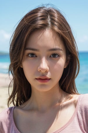 Wide camera angle, half body, masterpiece, best quality, ultra detailed, ultra high res, detailed face, detailed skin texture, (photorealistic:1.4), (portrait:1.3), pink low cut neckline, short sleeves oversized t-shirt, brown hair, The beach is in the background.