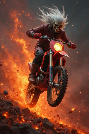 A skull man grey hair is flying through the air while riding inferno dirt bike, dark fantasy, Digital art, 8K resolution, highly detailed, with vibrant colors.,digital_painting,jntsmoscuro,DonMM4g1cFX