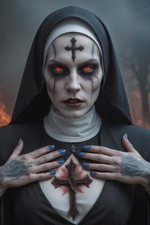 photo realistic, high quality detailed, horror style, The nun red eyes with tattoos and cross on her hands blue nails, gothic tattoos, Realistic facial detailed, Standing in the Devil's Graveyard, with mist and flames behind.